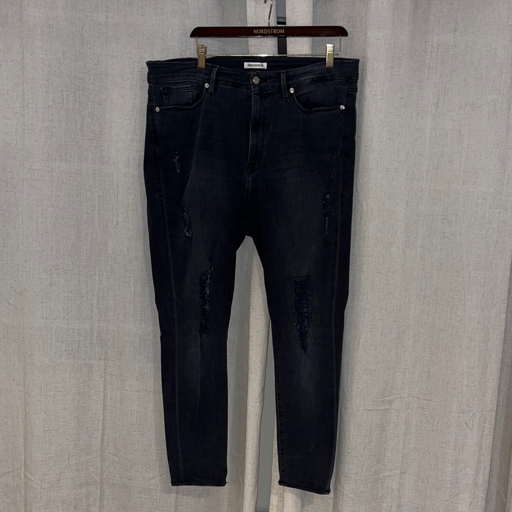Good American High Waist, Black Wash Distressed Ankle Jeans